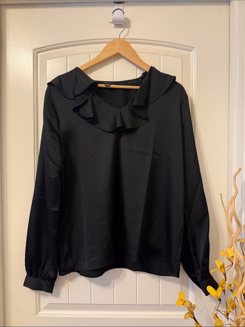 Ann Taylor Black Ruffle-Neck Long Sleeve Blouse